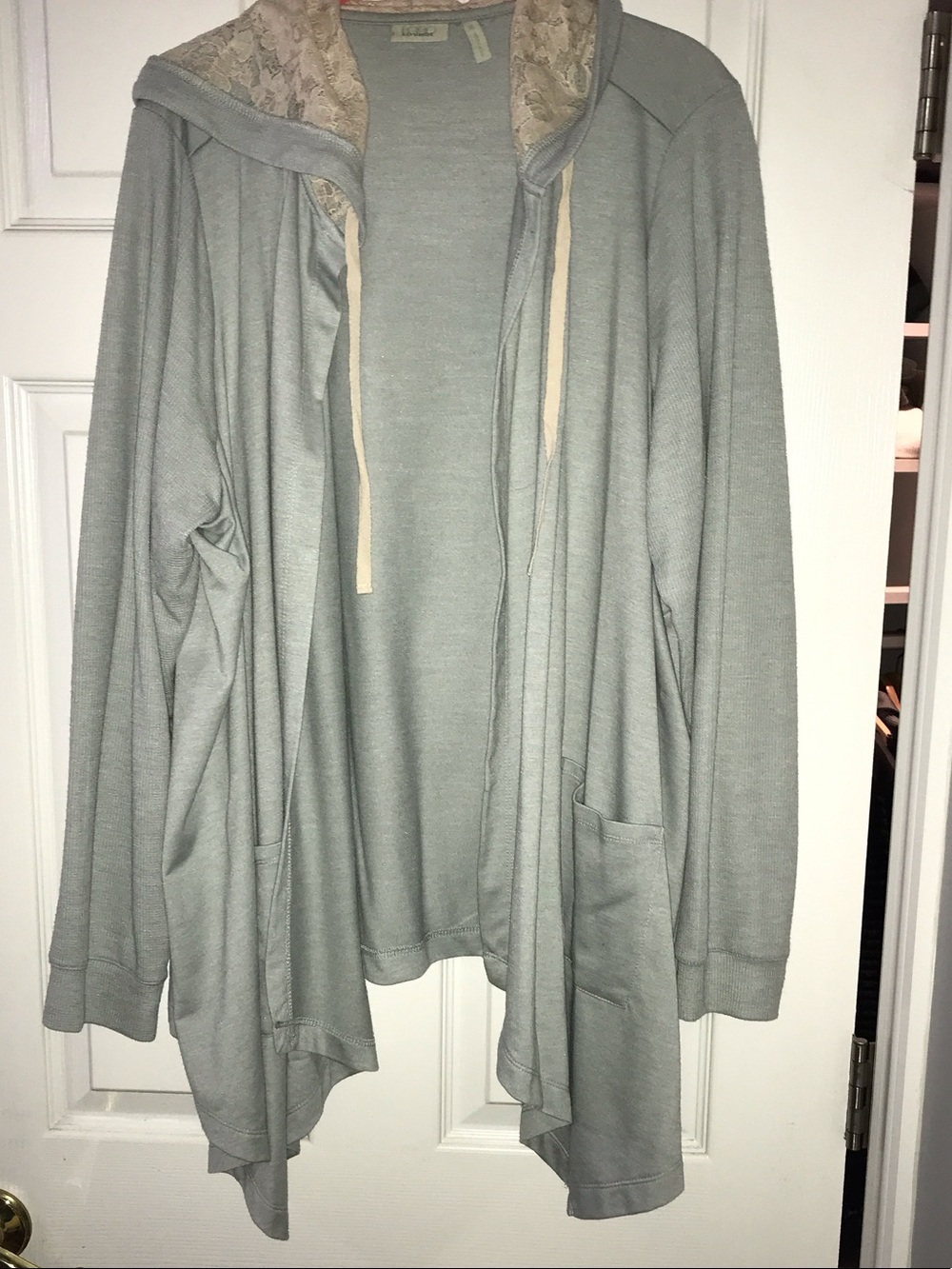 Light Gray Women's Hooded Open-Front Cardigan with Lace Trim